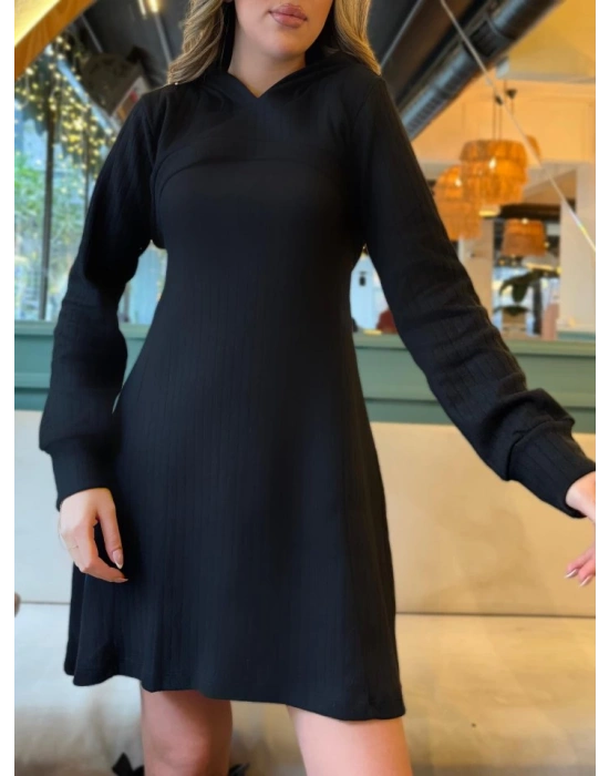 Kadın Uzun Kollu Kapüşonlu Ceket üst Ve Askısız Kare Yaka A Kesim şardonlu Kaşkorse Elbise