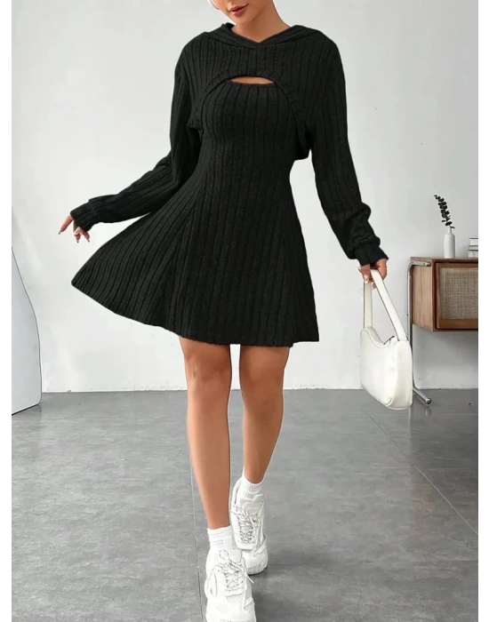 Kadın Uzun Kollu Kapüşonlu Ceket üst Ve Askısız Kare Yaka A Kesim şardonlu Kaşkorse Elbise