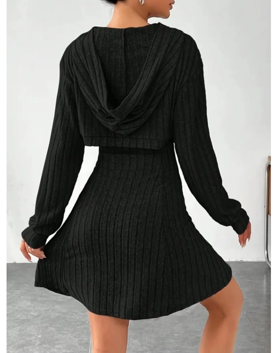 Kadın Uzun Kollu Kapüşonlu Ceket üst Ve Askısız Kare Yaka A Kesim şardonlu Kaşkorse Elbise