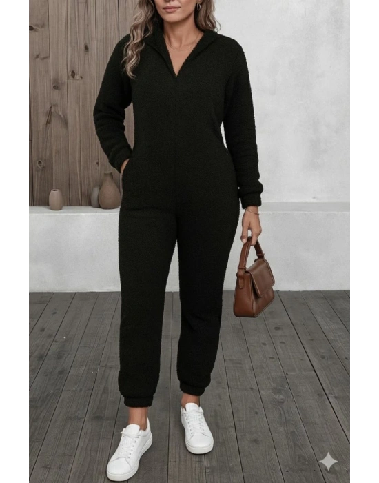 Kadın Uzun Kollu Kapüşonlu Tavşan Kulak Detaylı Peluş Tulum