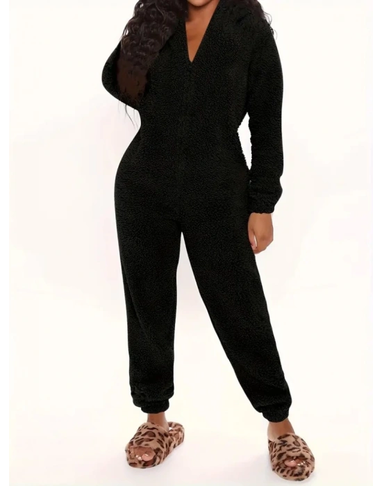 Kadın Uzun Kollu Kapüşonlu Tavşan Kulak Detaylı Peluş Tulum