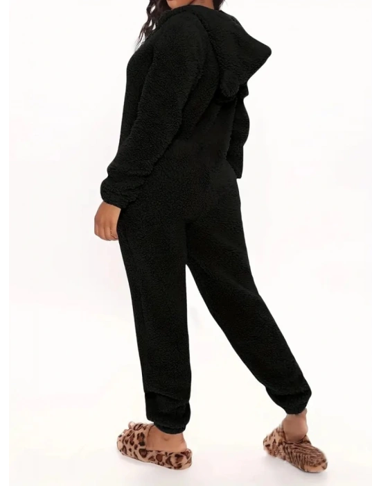 Kadın Uzun Kollu Kapüşonlu Tavşan Kulak Detaylı Peluş Tulum