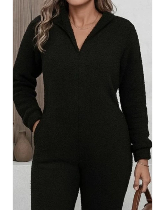 Kadın Uzun Kollu Kapüşonlu Tavşan Kulak Detaylı Peluş Tulum