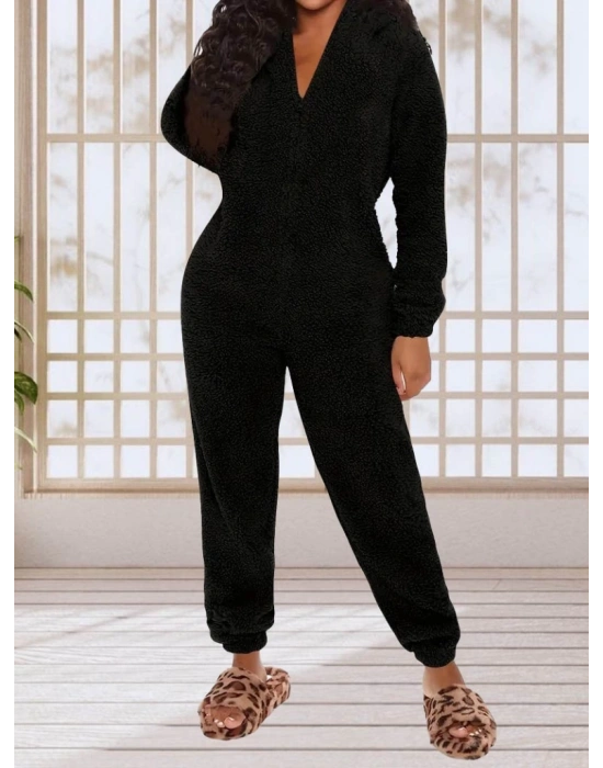 Kadın Uzun Kollu Kapüşonlu Tavşan Kulak Detaylı Peluş Tulum