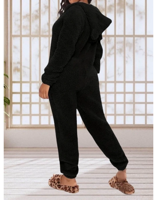 Kadın Uzun Kollu Kapüşonlu Tavşan Kulak Detaylı Peluş Tulum