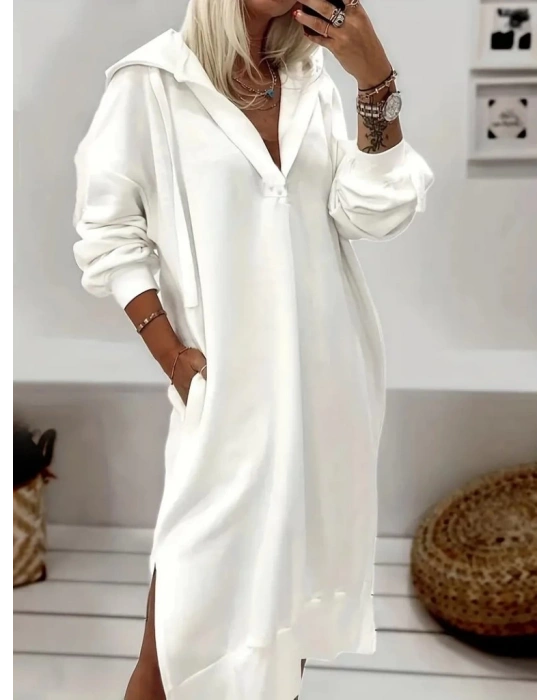 Kadın Uzun Kollu Kapüşonlu Yakası Açık Modal Elbise