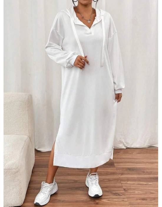 Kadın Uzun Kollu Kapüşonlu Yakası Açık Modal Elbise