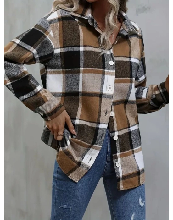 Kadın Uzun Kollu Kare Desenli önden Düğmeli Dokuma Gömlek