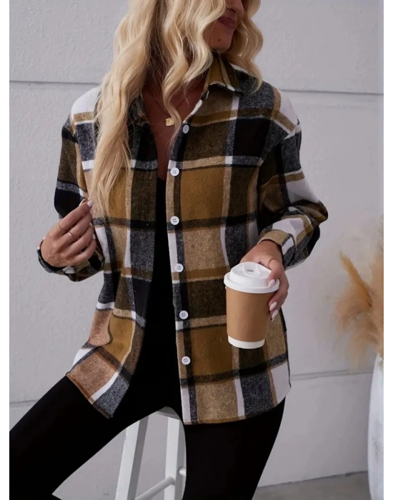 Kadın Uzun Kollu Kare Desenli önden Düğmeli Dokuma Gömlek