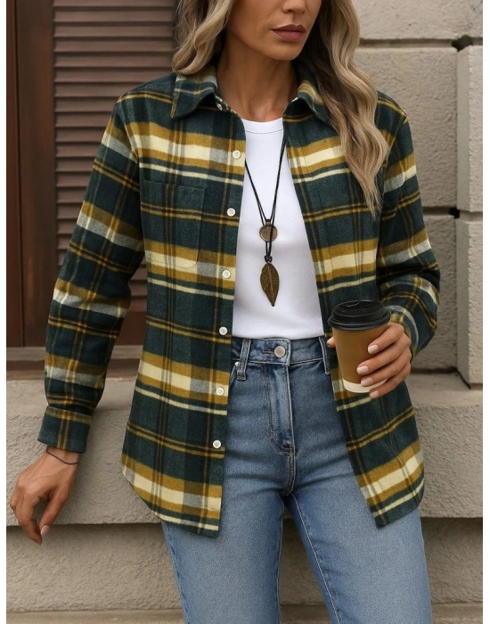 Kadın Uzun Kollu Kare Desenli önden Düğmeli Dokuma Gömlek