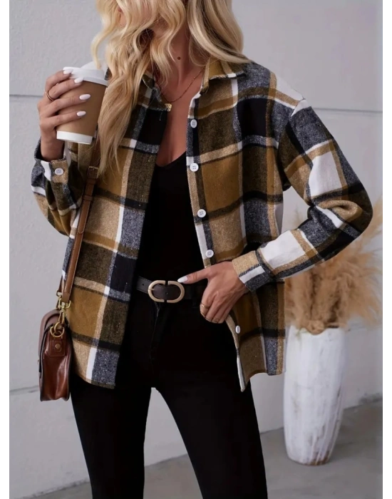 Kadın Uzun Kollu Kare Desenli önden Düğmeli Dokuma Gömlek