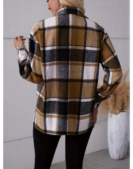 Kadın Uzun Kollu Kare Desenli önden Düğmeli Dokuma Gömlek