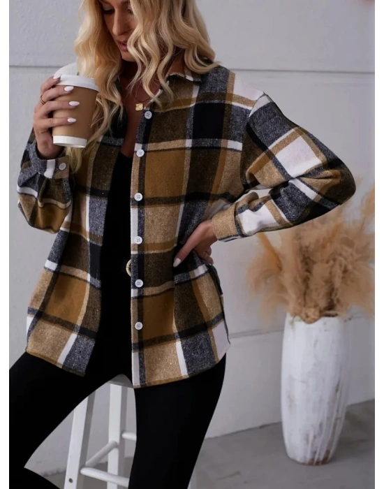 Kadın Uzun Kollu Kare Desenli önden Düğmeli Dokuma Gömlek