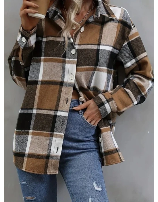 Kadın Uzun Kollu Kare Desenli önden Düğmeli Dokuma Gömlek