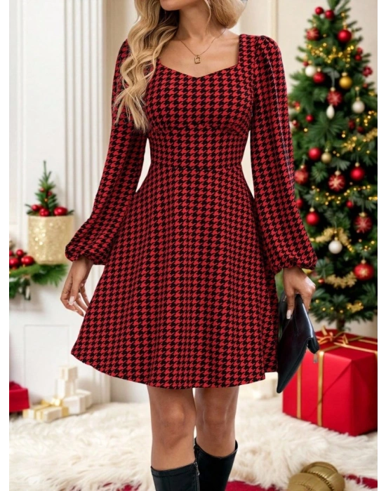 Kadın Uzun Kollu Kare Kalp Yakalı Mini Modal Elbise