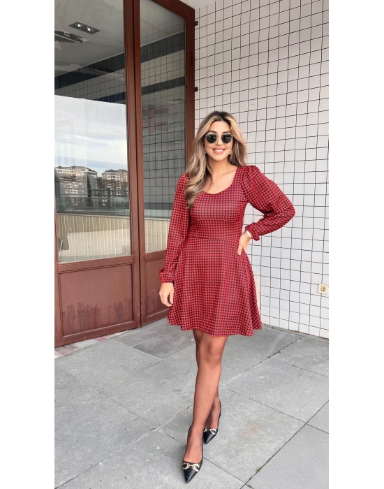 Kadın Uzun Kollu Kare Kalp Yakalı Mini Modal Elbise