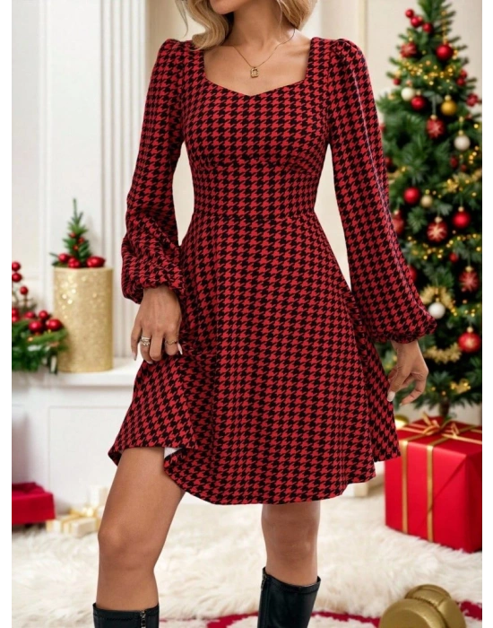 Kadın Uzun Kollu Kare Kalp Yakalı Mini Modal Elbise