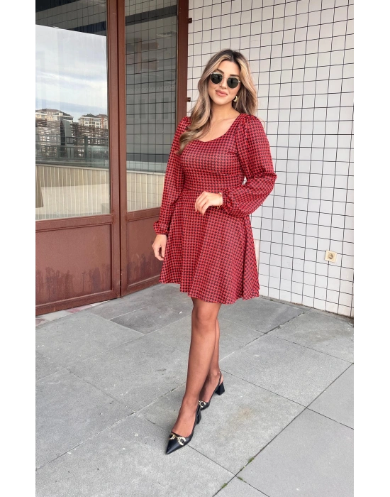 Kadın Uzun Kollu Kare Kalp Yakalı Mini Modal Elbise