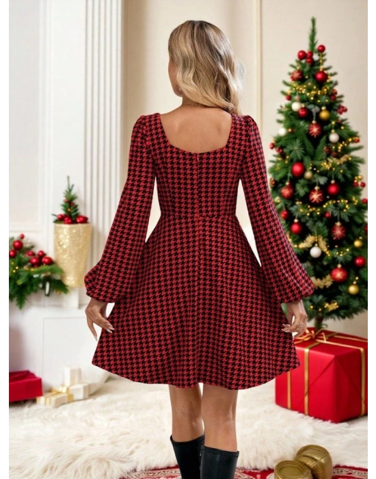 Kadın Uzun Kollu Kare Kalp Yakalı Mini Modal Elbise