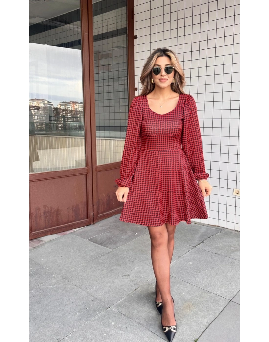 Kadın Uzun Kollu Kare Kalp Yakalı Mini Modal Elbise