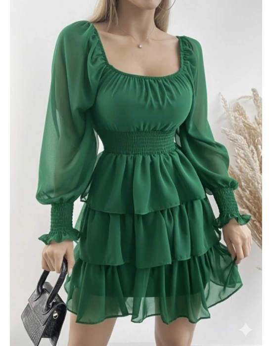 Kadın Uzun Kollu Kare Yaka Beli astikli Volanlı şifon Elbise