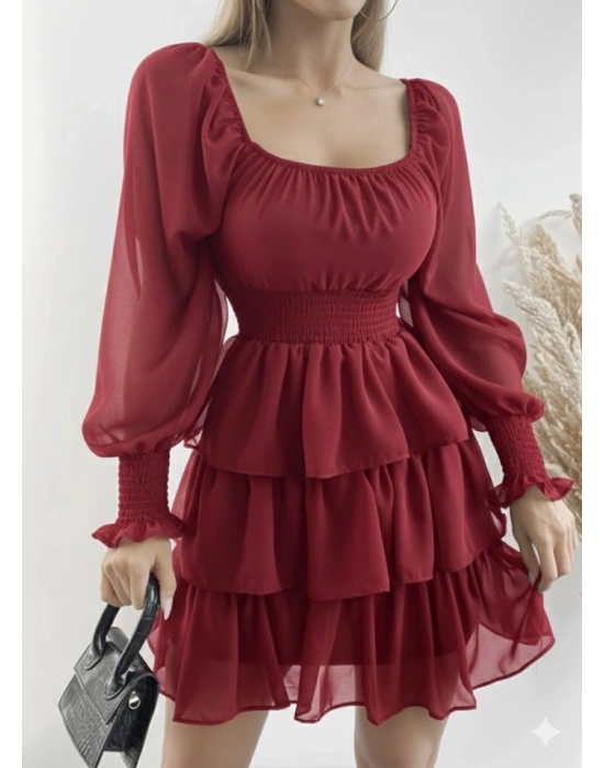 Kadın Uzun Kollu Kare Yaka Beli Lastikli Volanlı şifon Elbise