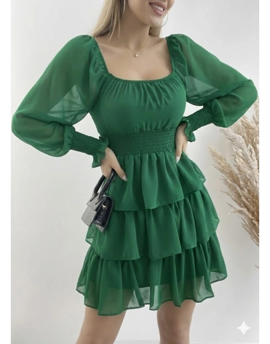 Kadın Uzun Kollu Kare Yaka Beli astikli Volanlı şifon Elbise