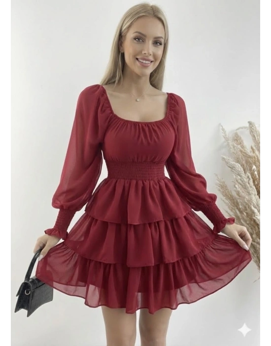 Kadın Uzun Kollu Kare Yaka Beli Lastikli Volanlı şifon Elbise