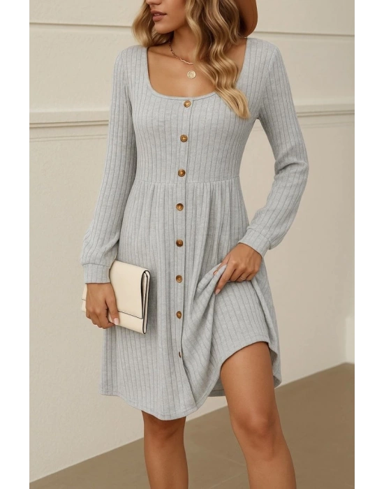 Kadın Uzun Kollu Kare Yaka Düğmeli Kısa şardonlu Iki Iplik Mini Elbise