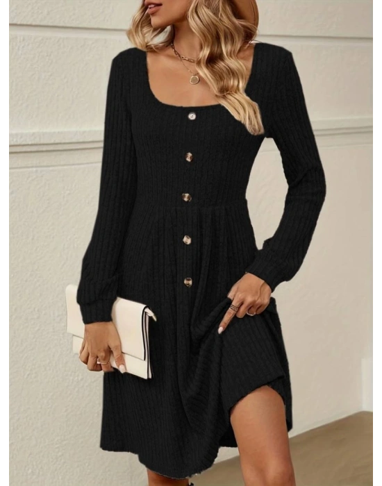 Kadın Uzun Kollu Kare Yaka Düğmeli Kısa şardonlu Iki Iplik Mini Elbise