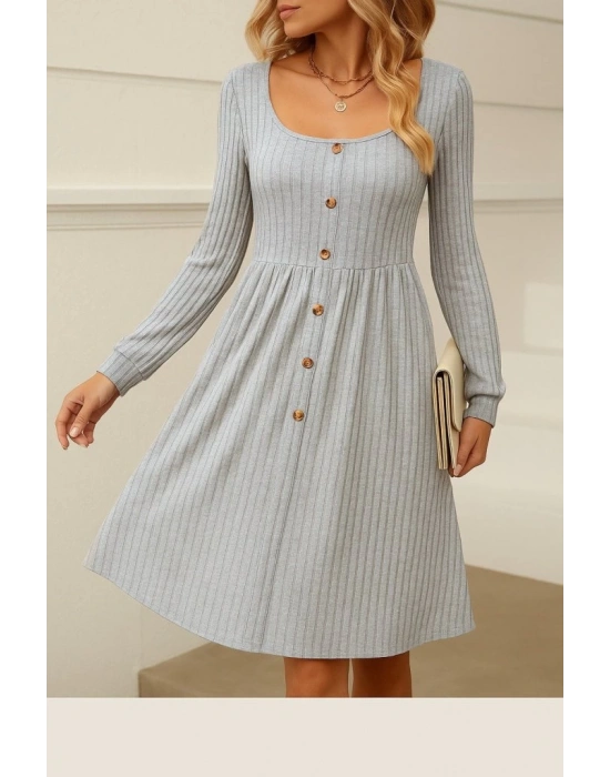 Kadın Uzun Kollu Kare Yaka Düğmeli Kısa şardonlu Iki Iplik Mini Elbise