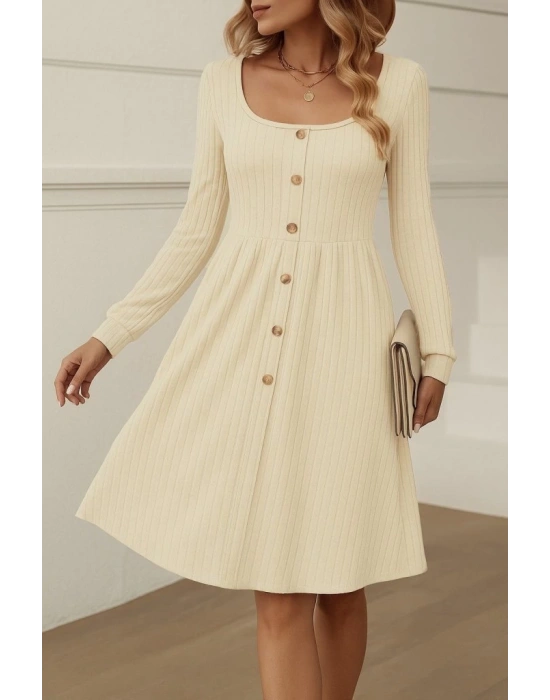 Kadın Uzun Kollu Kare Yaka Düğmeli Kısa şardonlu Iki Iplik Mini Elbise