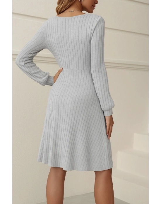 Kadın Uzun Kollu Kare Yaka Düğmeli Kısa şardonlu Iki Iplik Mini Elbise