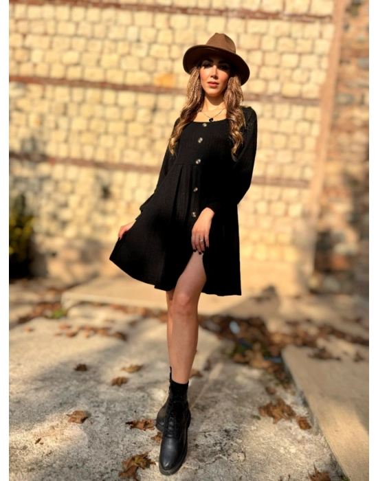 Kadın Uzun Kollu Kare Yaka Düğmeli Kısa şardonlu Iki Iplik Mini Elbise