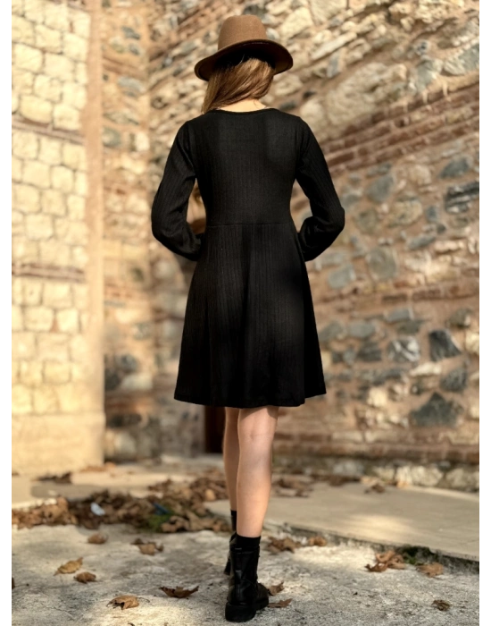 Kadın Uzun Kollu Kare Yaka Düğmeli Kısa şardonlu Iki Iplik Mini Elbise