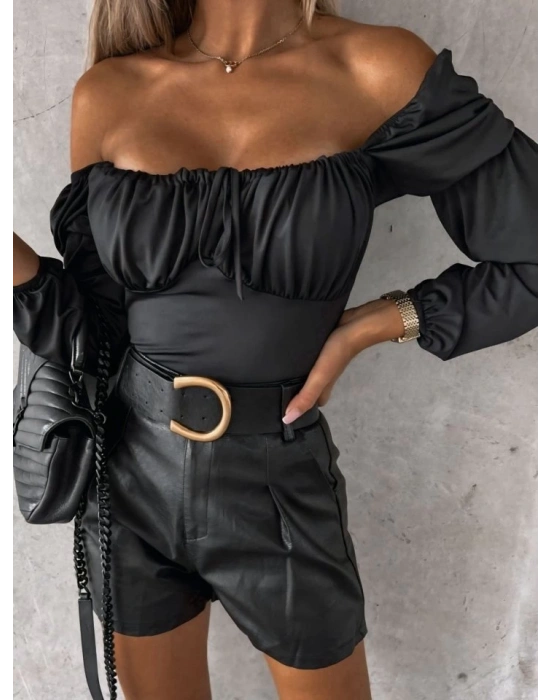 Kadın Uzun Kollu Kare Yaka Göğüs Büzgü Detay Sandy Bluz