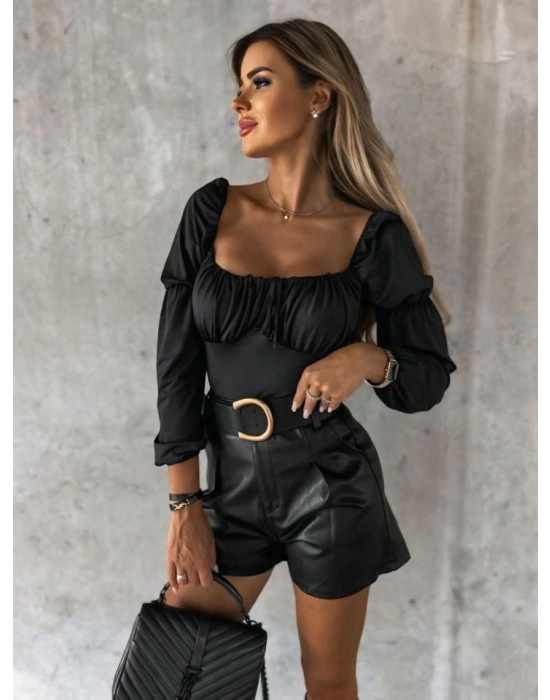 Kadın Uzun Kollu Kare Yaka Göğüs Büzgü Detay Sandy Bluz