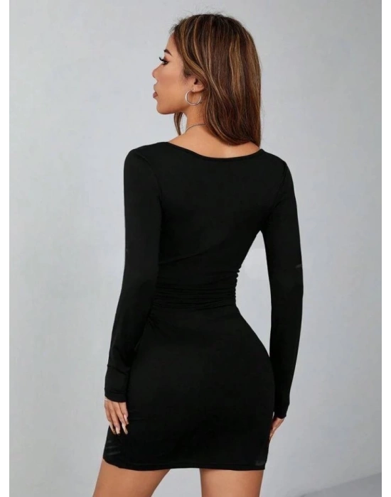 Kadın Uzun Kollu Kare Yaka Iç Gösterrmeyen Mini Elbise