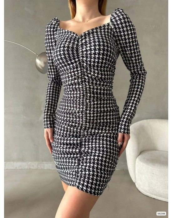 Kadın Uzun Kollu Kare Yaka Kazayağı Desen önü Büzgülü ini Elbise