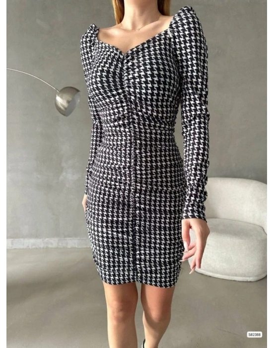 Kadın Uzun Kollu Kare Yaka Kazayağı Desen önü Büzgülü ini Elbise