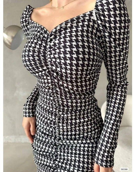 Kadın Uzun Kollu Kare Yaka Kazayağı Desen önü Büzgülü ini Elbise