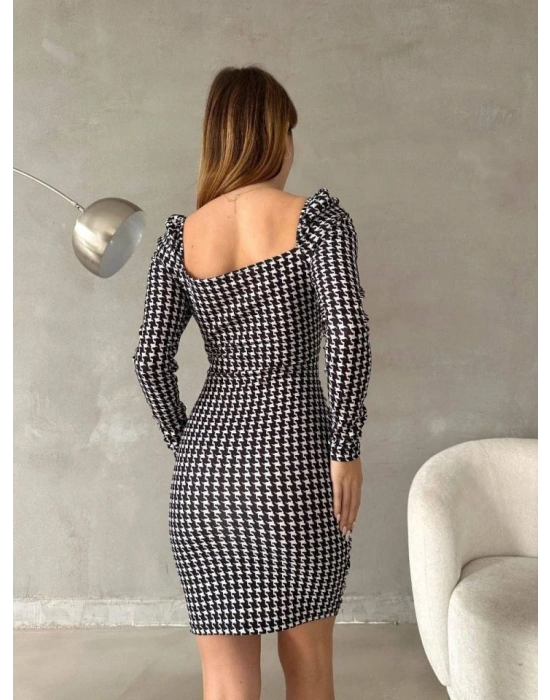 Kadın Uzun Kollu Kare Yaka Kazayağı Desen önü Büzgülü ini Elbise