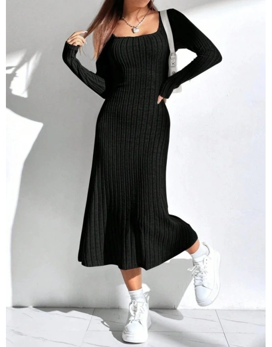 Kadın Uzun Kollu Kare Yaka Midi Kaşkorse Elbise