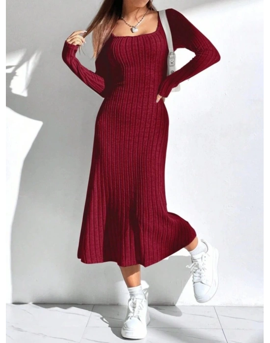 Kadın Uzun Kollu Kare Yaka Midi Kaşkorse Elbise