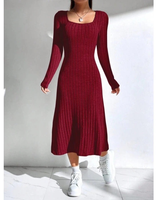 Kadın Uzun Kollu Kare Yaka Midi Kaşkorse Elbise