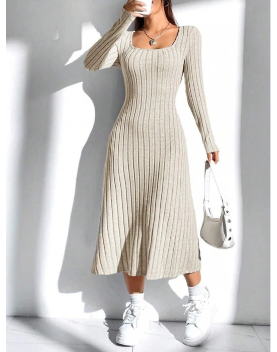 Kadın Uzun Kollu Kare Yaka Midi Kaşkorse Elbise