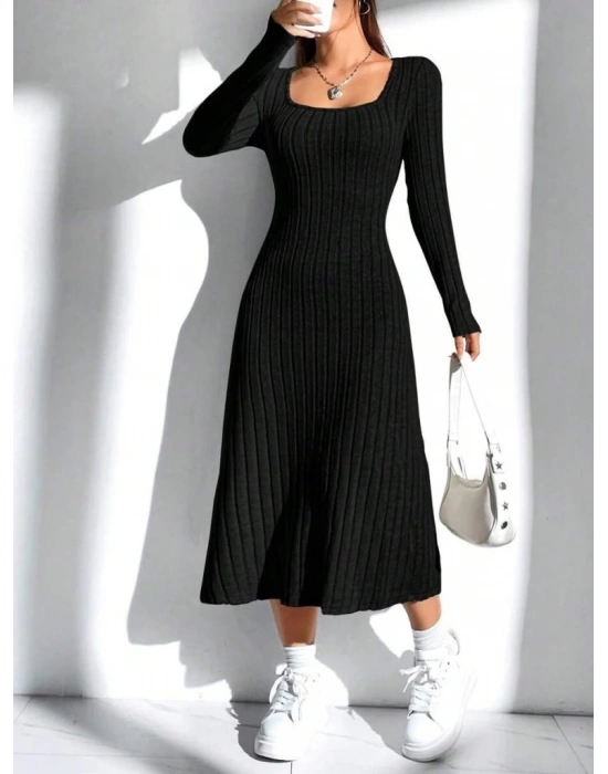 Kadın Uzun Kollu Kare Yaka Midi Kaşkorse Elbise