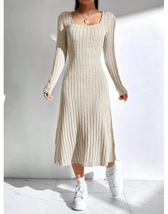 Kadın Uzun Kollu Kare Yaka Midi Kaşkorse Elbise