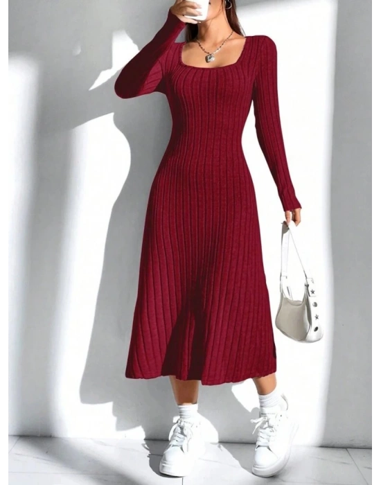 Kadın Uzun Kollu Kare Yaka Midi Kaşkorse Elbise