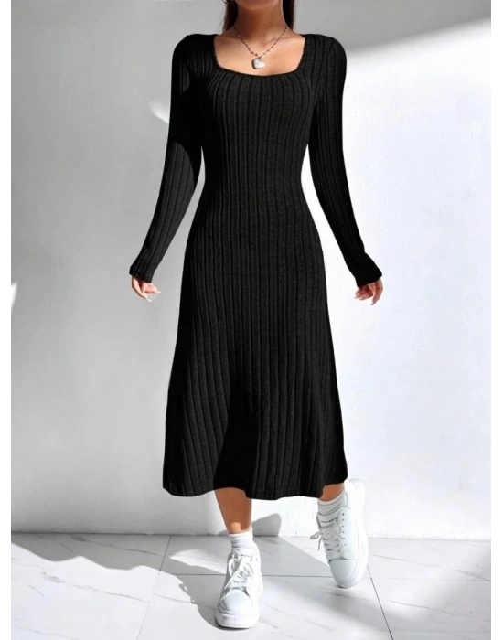 Kadın Uzun Kollu Kare Yaka Midi Kaşkorse Elbise